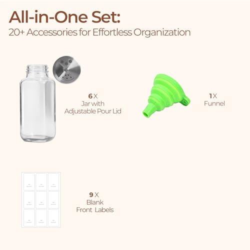 ComSaf Glass Spice Jars with Shaker Lids 8 oz 6 Pack Square | Labels, Seasoning Herbs Powders, Salt Pepper Chili, Spice Rack Organization, Kitchen Cabinet Storage, Funnel Included - color: 8oz*6 Shaker Lids