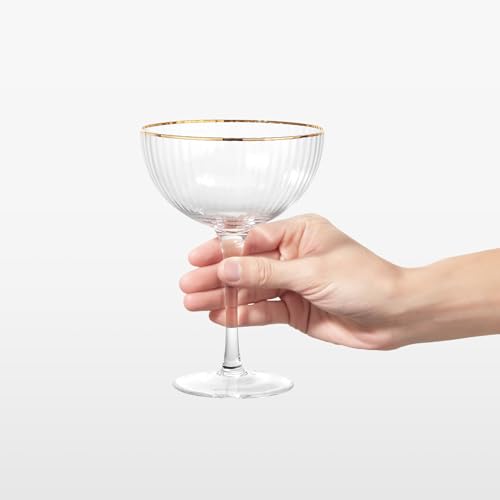 Royalrose Premium Cheerfull 10.7 oz Gold Rim Coupe Glasses Set of 4 | Vintage Gold Rim, Hand-Blown Fine Fluted Glass – Elegant Barware for Cocktails, Parties & Home Entertaining