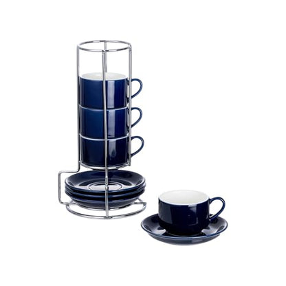 2.5oz Espresso Cups Set of 4, Small Stackable Coffee Cups with Saucers and Metal Stand, Ceramic Demitasse Cups, Cappuccino Cups for Coffee Drinks, Latte, Blue - color: Blue, size: 2.5oz