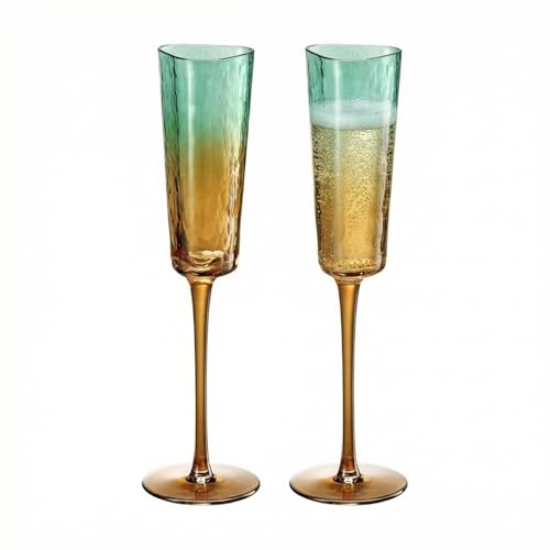 Gold and Teal Hammered Champagne Flute Glasses, 2 Set, 6.1oz Flutes Colored Art Deco Vintage Glassware Wine Champagne Cocktails Margarita Muted Pastel Elegant Wedding Anniversary Celebration Gifts - color: Champagne Flutes