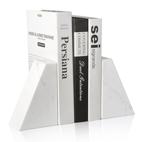 Karibiber Marble Bookends for Heavy Books, Decorative Book Ends for Shelves, White Stone Durable and Heavy-Duty Book Ends for Hardback Books & CDS, Unique Book Stopper & Holder, Set of 2 - color: Greece-volakas