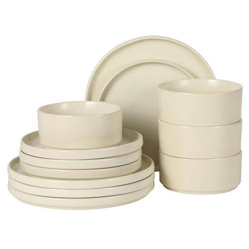 Gibson Elite Avant-Garde 12 Piece Stoneware Dinnerware Set for 4, Linen White Plates and Bowls Set with Reactive Glaze, Includes Dinner Plates, Salad Plates and Bowls - color: Linen White (Avant-Garde), size: Service for 4 (12pcs)
