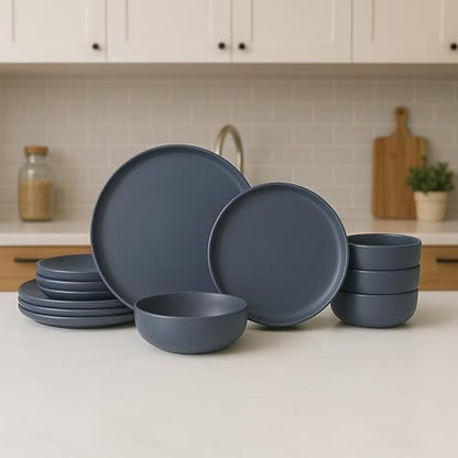 12-Piece Stoneware Dinnerware Set with Mugs | Microwave and Dishwasher Friendly | Stackable Matte Glaze Plates & Bowls | Service for 3 (Blue for 4) - color: Blue for 4