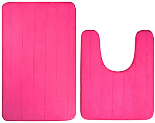 Memory Foam Bathroom Rugs 2 Piece Bath Mat Set Soft Non-Slip and Absorbent Microfiber Bath Rug and U-Shaped Toilet Mat 32"x20"+24"x 20", Hot Pink