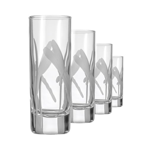 Rolf Glass Dragonfly Shot Glass | 2.5oz Engraved Glass Cordial | Elegant Spring Design | Lead-Free and Diamond-Wheel-Engraved | Made in the USA | Set of 4 - color: Shot Glass 4 Set