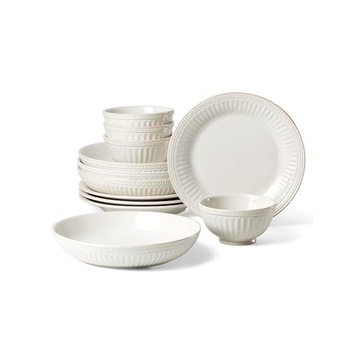 Lenox French Perle Groove White Stoneware Dinnerware Set with Dinner Bowls | dishwasher safe, microwave safe | plates and bowls sets for kitchen and dining | 11 inch plate, dish set - style: 12-Piece Dinnerware Set (Bowls)