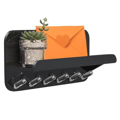 Beego Entryway Key Holder for Wall - Black Acrylic Key Rack with Shelf Decorative Key Hanger Wall Mount Mail Organizer with 6 Key Hooks for Office Hallway Kitchen Living Room Home Décor