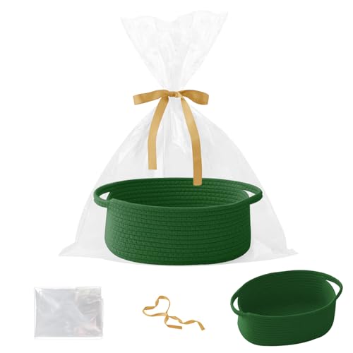 Woven Rope Basket - Baby Gift Basket with Bag & Ribbon, Green | Cotton rope with handle, 12 x 8 x 5 in, gift bag and ribbon, for baby shower, birthday, toy storage, nursery, shelf decor - color: Green