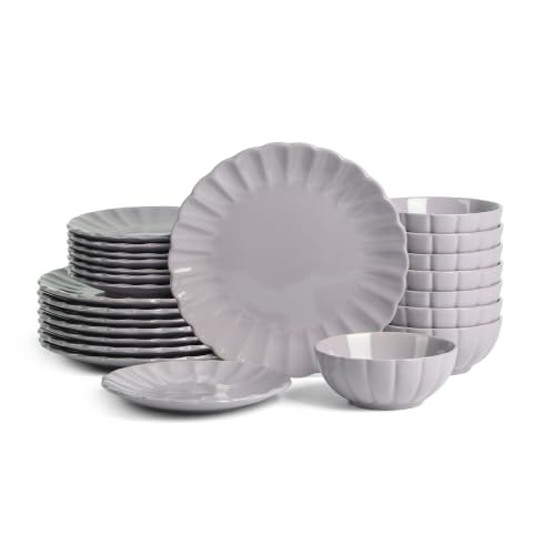 Earth & Clay Phoenix 24-Piece Dinnerware Set Stoneware, Plates and Bowls Set, Dishwasher and Microwave Safe, Dish Set for 8, Lilac - color: Lilac, size: 24-Piece - Service for 8