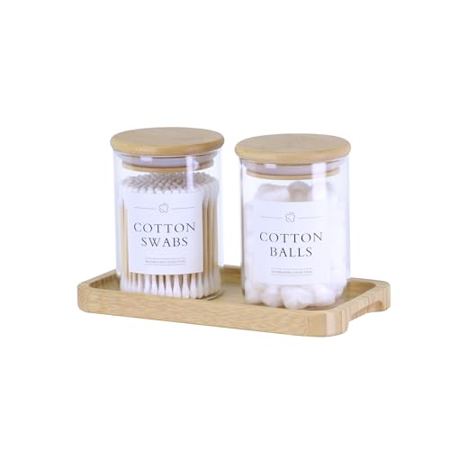 INIUNIK Qtip Holder with Vanity Tray - 2 Pack Glass Apothecary Jars with Lids, Cotton Ball Swab Pad Floss Pick Holder, Bathroom Organizers Jars Containers Canisters Accessories Set