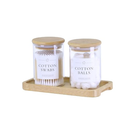 INIUNIK Qtip Holder with Vanity Tray - 2 Pack Glass Apothecary Jars with Lids, Cotton Ball Swab Pad Floss Pick Holder, Bathroom Organizers Jars Containers Canisters Accessories Set