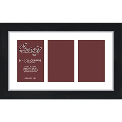 Craig Frames Contemporary, 8x14 Black Picture Frame with White Collage Mat, 3 Openings for 4x6 Prints - color: 3 4x6 Openings - 1" Border
