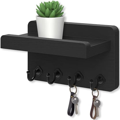 Nekon Key Holder Wall Mount, 8.5 Inch Small Wooden Wall Organizer, Black | Rustic Wall Shelf, Farmhouse Key and Mail Holder for Living Room Entryway Kitchen - color: Black