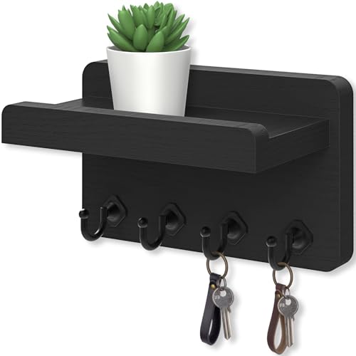 Nekon Key Holder Wall Mount, 8.5 Inch Small Wooden Wall Organizer, Black | Rustic Wall Shelf, Farmhouse Key and Mail Holder for Living Room Entryway Kitchen - color: Black