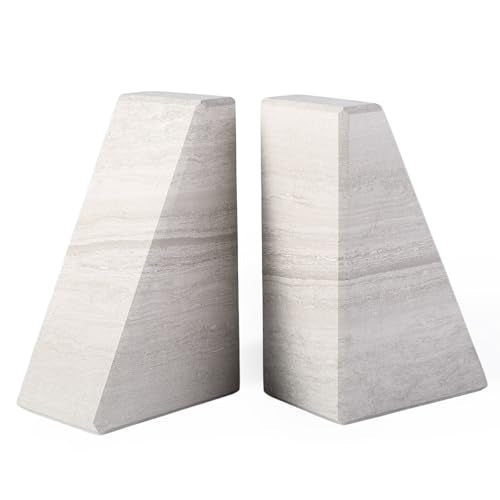 Marble Book Ends for Heavy Books, Decorative Bookends for Shelves, Durable and Heavy-Duty Bookends for Hardback Book & CDS, Off-White Unique Books Stopper & Holder, Set of 2 - color: Off-white