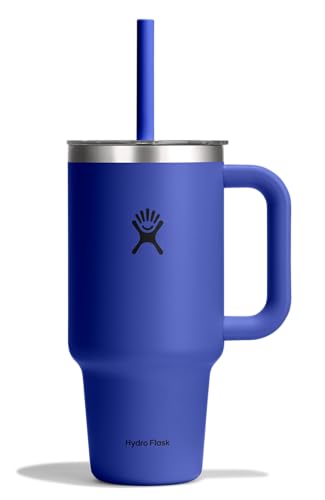 Hydro Flask Travel Tumbler with Handle, Clear Lid and Straw - Insulated Stainless Steel - color: CAPRI BLUE, size: 32 Ounces