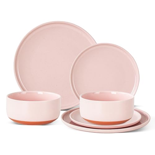 6 Piece Ceramic Plates and Bowls Sets for 2, Elegant Pink | Stoneware Dinnerware Set, Dishwasher & Microwave Safe, Handcrafted, Perfect for Family and Gatherings - color: Pink, size: Service for 2(6PCS)