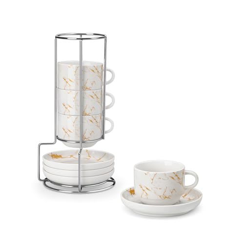 MALACASA 2.5 OZ Porcelain Espresso Cups with Saucers and Metal Stand Set of 4, Stackable Cappuccino Cups, Marble White Expresso Shots Cup Set for Coffee Drinks, Latte, Tea - color: Marble White, size: 2.5 Oz