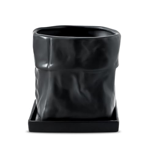 Nihow 6 Inch Ceramic Plant Pot with Drainage & Square Saucer,Black | Bag Shape Design,Indoor & Outdoor，Living room/Office/Bedroom/Windowsill/Tabletop，Plant Lovers/Gardeners/Beginners - color: Black, size: 6 Inch