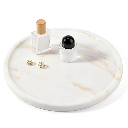 Karibiber Marble Serving Tray, 11.8in Round Vanity Tray for Bathroom Countertop, Calacatta White Candle Holder for Coffee Table/Kitchen, Stone Home Decorative Catchall Tray for Perfume - color: Golden White