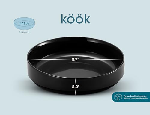 KooK Pasta Bowl, Bowl Plate, Low Bowl, Plate Bowls, Ceramic Large Shallow Bowls, Microwave and Dishwasher Safe, Great for Soups and Salads, Glossy Porcelain, 47 oz, Set of 4, Black - color: Black