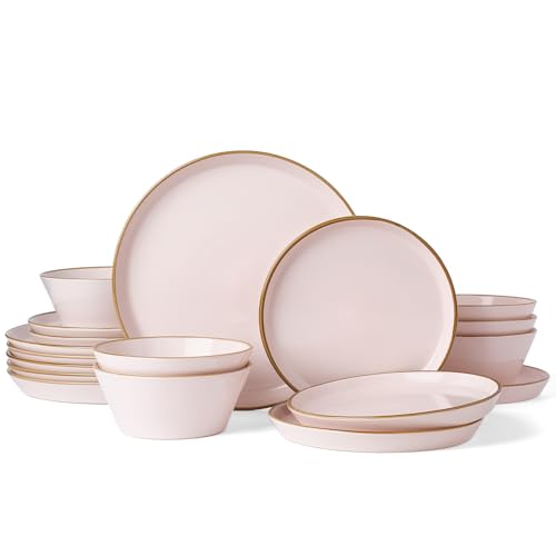 Famiware Saturn Plates and Bowls with Rim, Stoneware Dinnerware Sets for 6 | Light Pink, 18-Piece Ceramic Dishes, Chip and Scratch Resistant, Microwave and Dishwasher Safe, Everyday, Formal & Party Use - color: Light Pink, size: 18