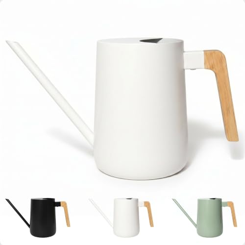 Metal Small Indoor Watering Can with Long Spout & Real Wood Handle, 35oz | Long Spout, Stainless Steel, Real Wood Handle, Gentle Flow, No Spills, Suitable for House Plants, Succulents & Seedlings - color: White
