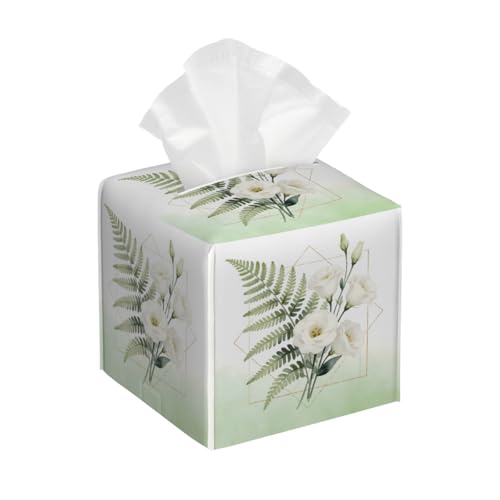 Watercolor Flower Leaves Pattern Leather Tissue Box Cover, Waterproof PVC Leather Napkin Holder, Decorative Tissue Case for Coffee Table Office Bedroom Kitchen Bathroom Car - color: Leaves