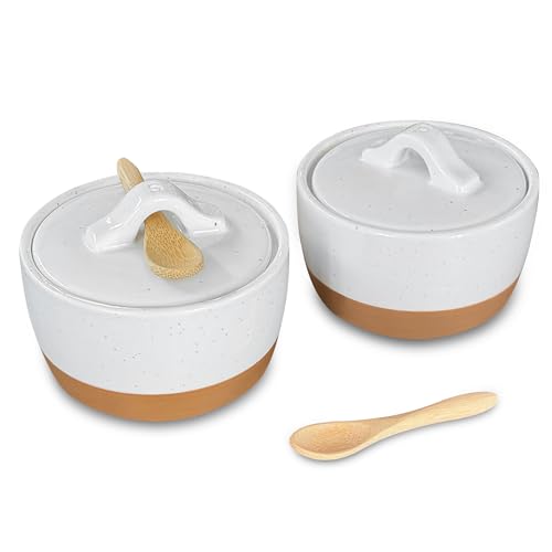 Mora Ceramic Salt and Pepper Cellar Set with Lid - 10 oz Modern Canister/Container/Bowl for Storage, Sea Salt, Spice, Sugar, Countertop - Small Dish/Jar with Wood Spoon, White Crock - color: Vanilla White