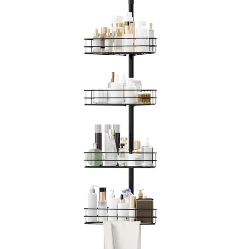 Garvee Corner Shower Caddy Tension Pole, 76 in-110 in Adjustable Bathroom Organizer Shelves, 4-Tier Rustproof Bathroom Shelves with Built-In Towel Bars to Space-Saving, Black | Adjustable Bathroom Shelf Organizer, Rust-Resistant Floor to Ceiling Storage R