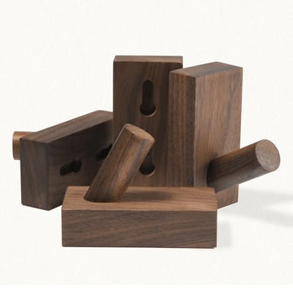SIAMESE Wooden Wall Hooks, 4 Pcs Adhesive or Nail in Walnut Wood Coat Hooks Wall Mounted for Robe, Towel, Hat, Key, Bag, Clothes in Entryway, Bedroom or Closet (Walnut Wood)