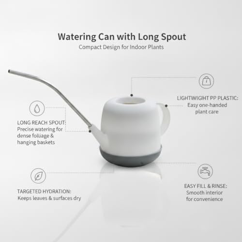 Long Spout Watering Can for Indoor Plants, Durable PP Plastic Pot Waterer with Precision Flow Control for Hanging Baskets and Dense Foliage - color: White