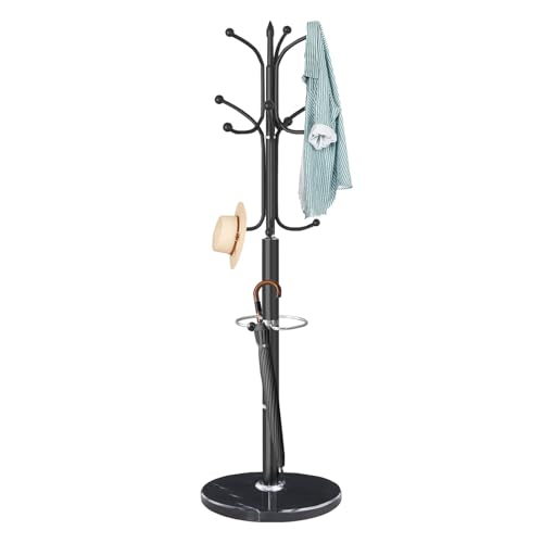 ZOZOE Metal Coat Rack Stand, Modern Coat Rack Freestanding with Natural Marble Base, Sturdy Coat Racks with 12 Hooks & Umbrella Holder,Black Coat Tree Hanger Stand for Bags,Hats,Entryway,Office - color: Black 12 Hooks