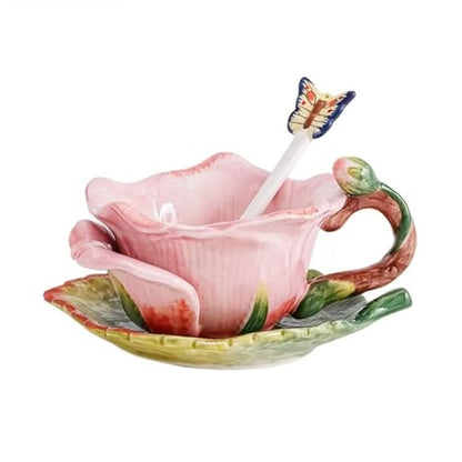 Ceramic Tea Cup and Saucer Set ，6OZ 3D Hand-Painted Flower and Lotus Leaf Coffee Mug，Gift for Women- Pink Rose - color: Pink Rose