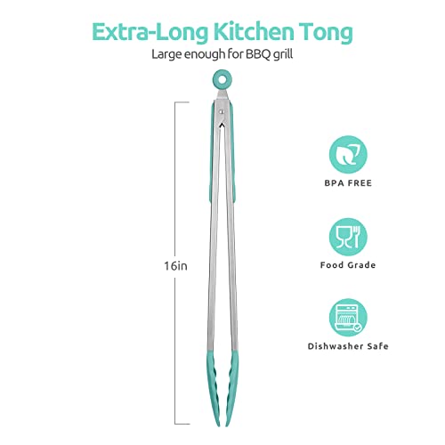 U-Taste 600ºF High Heat 16in Silicone Kitchen Tong and 600ºF Heat Resistant 13.76" Long, 3.63" Wide Wok Spatula for Kitchen Stir Fry (Aqua Sky)