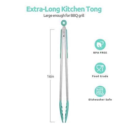 U-Taste 600ºF High Heat 16in Silicone Kitchen Tong and 600ºF Heat Resistant 13.76" Long, 3.63" Wide Wok Spatula for Kitchen Stir Fry (Aqua Sky)