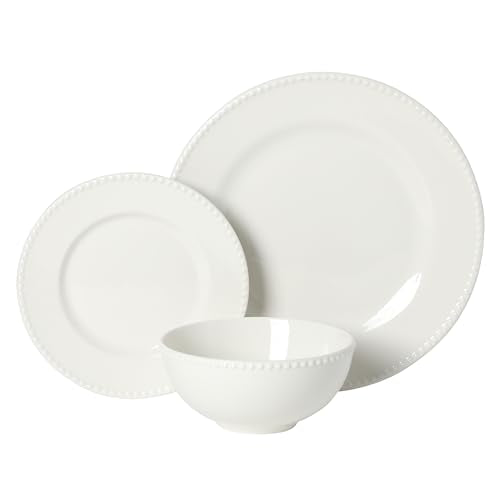 Gibson Home Caviara Plates and Bowls Set, 12-Piece Dinnerware Set, White Round Beaded Rim Ceramic Dish Set, Dinner Plates, Salad Plates & Cereal Bowls - color: White (Caviara)