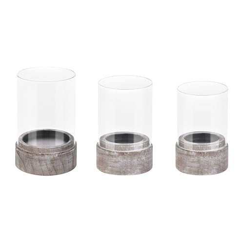 Set of 3 Glass Hurricane Candle Holders for Pillars with Distressed Brown Solid Wooden Bases, Farmhouse Candle Holder, Candle Stand, Candlestick Holders, Centerpiece for Home, Table, Wedding - color: Rustic Brown, size: 3.2"&4"&4.8"