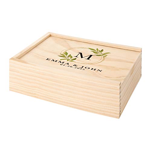 Koyal Wholesale Custom Monogram Willow Leaves Wreath Wedding Keepsake Box, 4 x 6 -inch, Custom Names, Date, Natural Wood - color: Monogram Willow Leaves Wreath