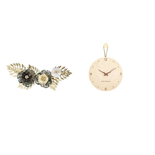 Hanging Wall Art Wall Clock Metal Wall Decor Metal Wall Art Iron and Wood Decorative Pendant Flower Leaf Carved Rustic Style Suitable for Living Room