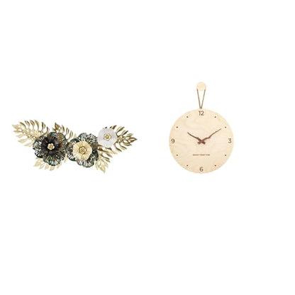 Hanging Wall Art Wall Clock Metal Wall Decor Metal Wall Art Iron and Wood Decorative Pendant Flower Leaf Carved Rustic Style Suitable for Living Room