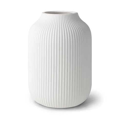 flature Ceramic Vase with Grooves - Waterproof Flower Vase in Matte White for Fresh Flowers, Dried Flowers, Pampas Grass, Large 7.9" Tall Vase as a Gift, Decoration for Living Room, Bedroom, Office. - color: White