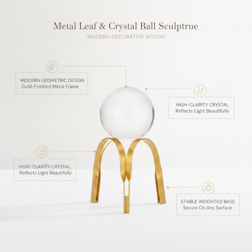 for Shelf, Desk, or Console Table Display: Modern Geometric Metal Leaf and Crystal Ball Sculpture Accent (1 PC) - size: 4.33 x 4.33 x 6.69 in
