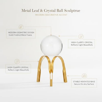 for Shelf, Desk, or Console Table Display: Modern Geometric Metal Leaf and Crystal Ball Sculpture Accent (1 PC) - size: 4.33 x 4.33 x 6.69 in