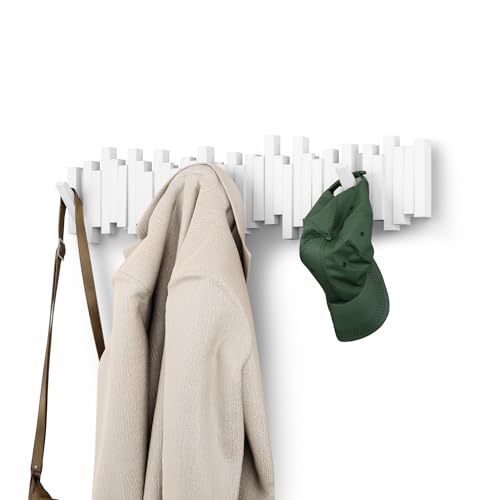 Umbra Sticks Wall Coat Rack, Wall Mount 8 Retractable Hooks, White | Modern sculptural look, holds five pounds each, fits entryways and bedrooms, easy to install, recycled plastic - color: White, size: 8-Hook