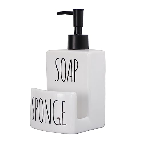 Ceramic Dish soap Dispenser with Sponge Holder Hand and Dish Soap Dispenser Set for Kitchen 2-in-1 Countertop Soap Pump Dispenser for Kitchen Sink, Useful Kitchen Gadgets - Modern Farmhouse White - color: White