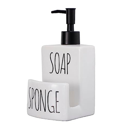 Ceramic Dish soap Dispenser with Sponge Holder Hand and Dish Soap Dispenser Set for Kitchen 2-in-1 Countertop Soap Pump Dispenser for Kitchen Sink, Useful Kitchen Gadgets - Modern Farmhouse White - color: White