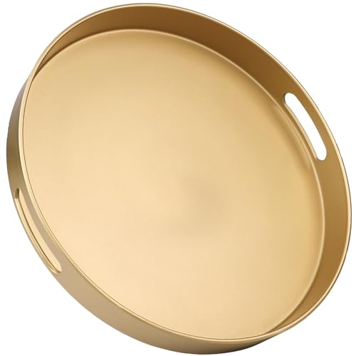 Round Gold Decorative Serving Tray with Handles, 13” Versatile Ottoman Tray for Coffee Table, Entertaining, Outdoor Patio, Living Room - color: Gold, size: 13"
