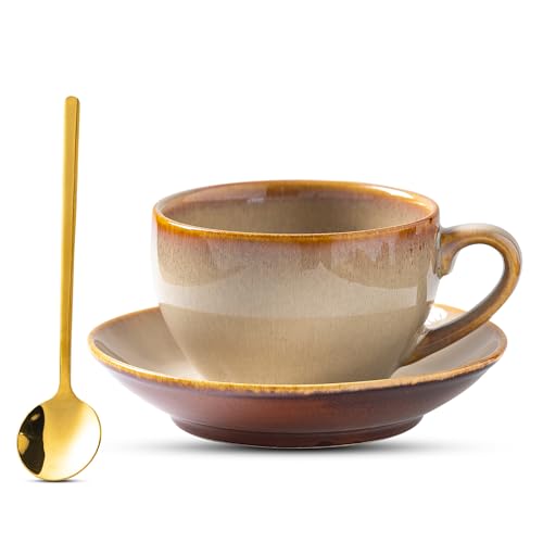 Porcelain Coffee Cup with Saucer Spoon, Vintage Design Ceramic Latte Art Cappuccino Barista Espresso Tea Cup with Saucer (11.6 oz, 350ml, Honey Pomelo Yellow) - color: Honey Pomelo Yellow