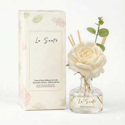 White Jasmine Reed Diffuser Set, 8.5 fl. oz / 250ml | Long Lasting, Flameless, Decorative Flower & Natural Reeds, For Bathroom, Bedroom, Office - color: White Jasmine